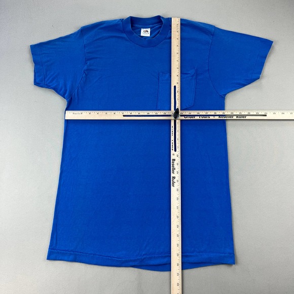 Vintage Blue Selvedge T-Shirt Adult Large Blank Pocket Fruit Of The Loom USA 80s - Picture 8 of 11